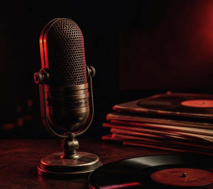 Vintage studio microphone beside vinyl records